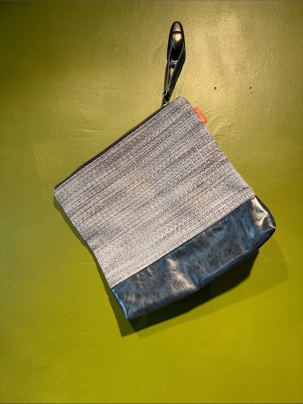 Woven Gray Wristlet Clutch with Black Trim